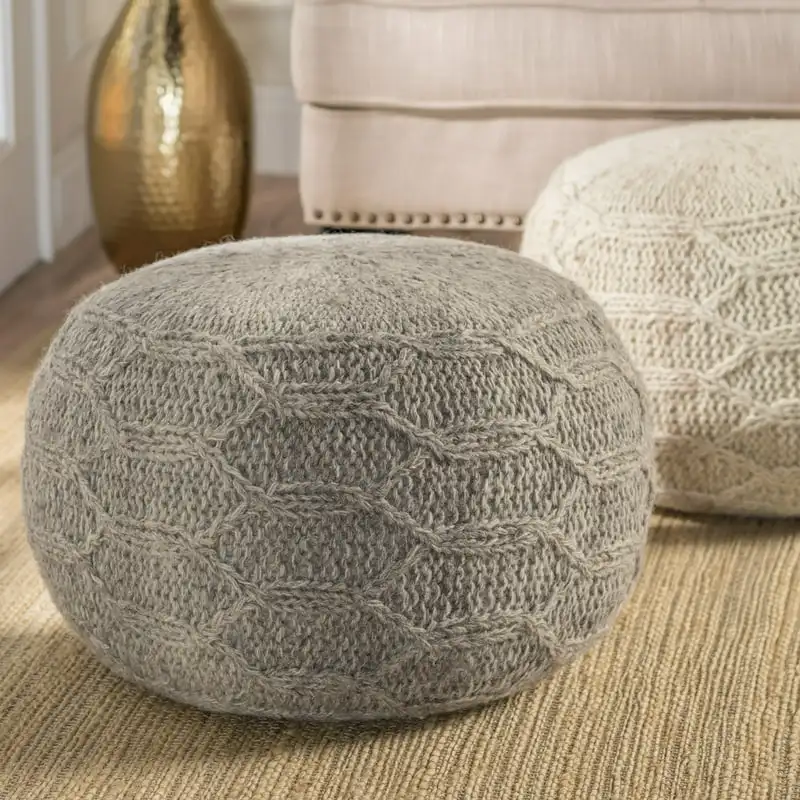 

Handcrafted Boho Fabric Pouf, Gray