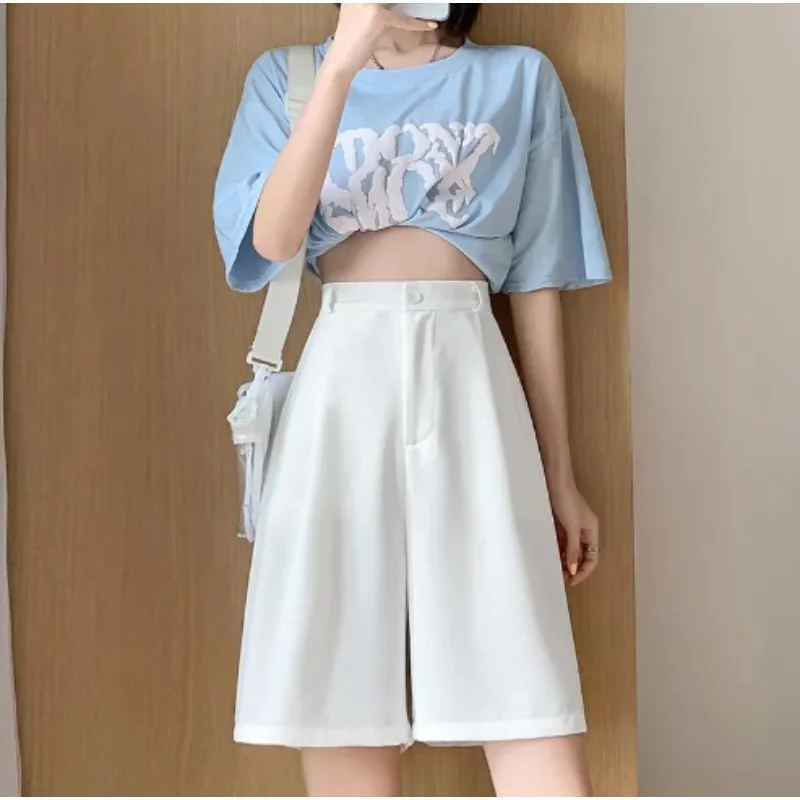 2023 Summer White Black Suit Shorts Woman High Waist Wide Leg Shorts Women Casual Half Trousers Loose Knee Length Pants Femme