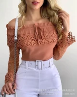 womens long sleeve shirts 2022 womens spring and autumn fashion pink one shoulder hollow lace top t shirt