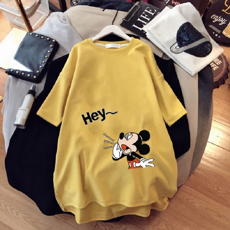 Disney Mickey Mouse T-shirt Girl Trend Mid-Length Loose Casual Short-Sleeved Cartoon Mickey Print T-shirt Round Neck Top