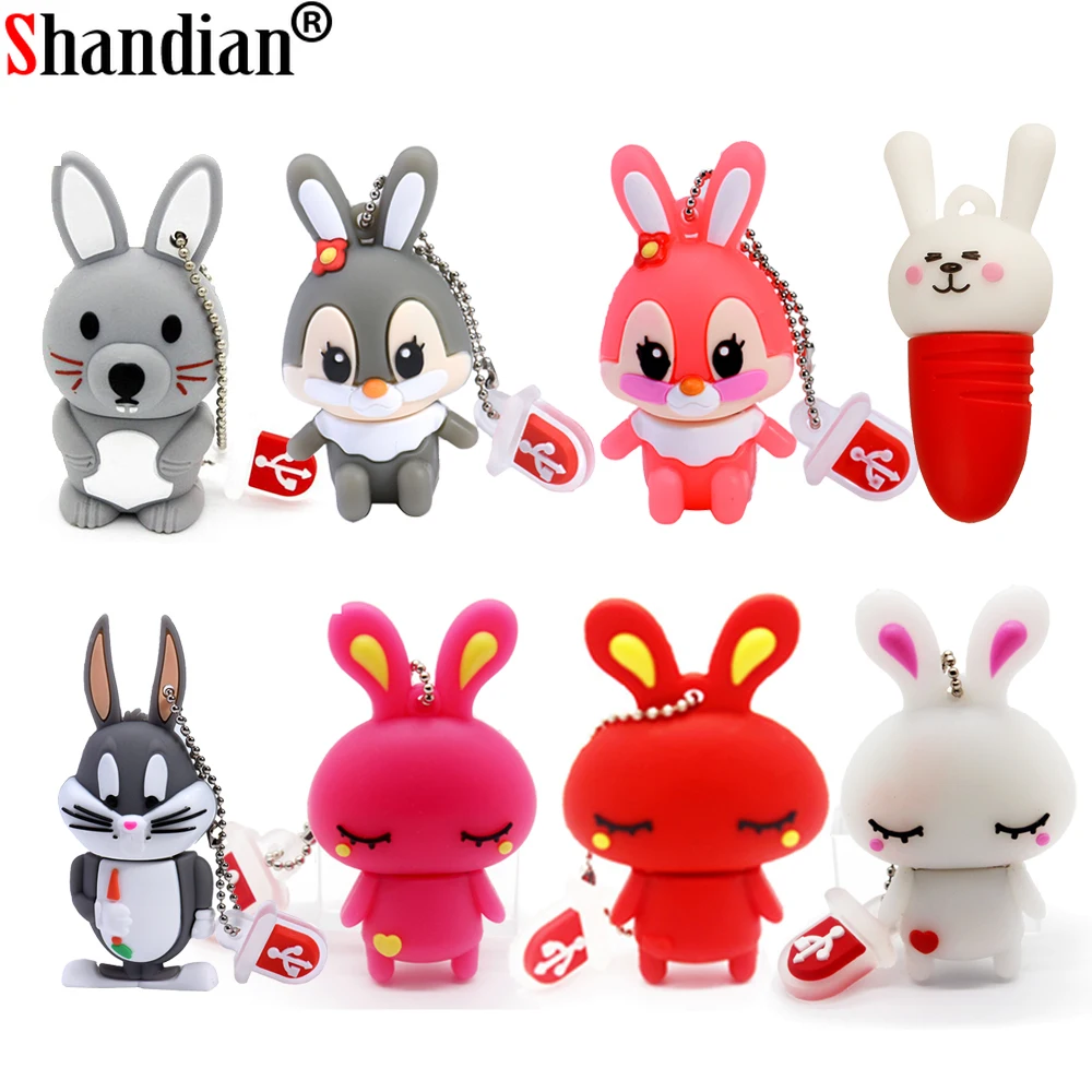 Cute Rabbit USB Flash Drives 64GB Cartoon Pen Drive 32GB Creative Gifts for Kids Memory Stick 16GB Free Key Chain U disk 8GB 4GB