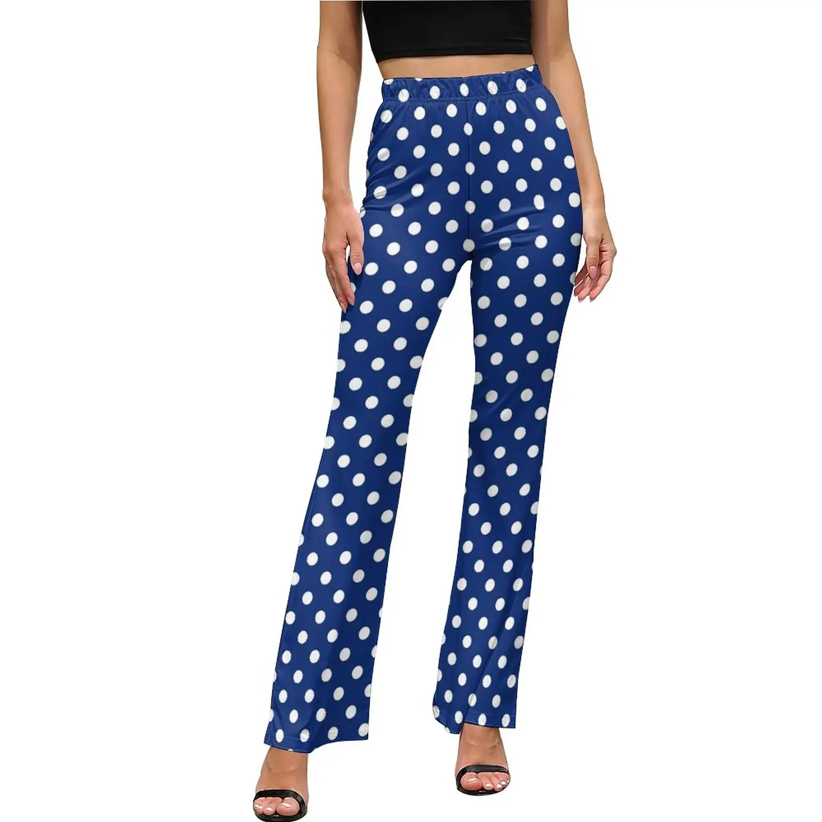 

White Polka Dots Casual Pants Classic Dot Print Trendy Pattern Flare Trousers Elastic Waist Slim Stretch Street Fashion Pants