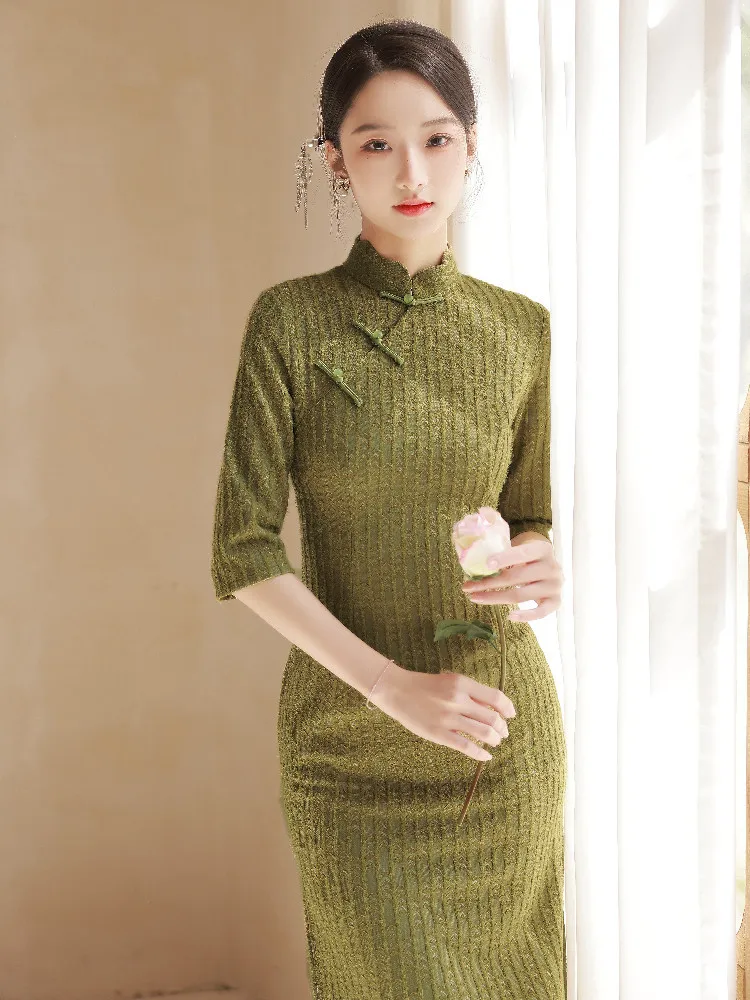Women Vintage Retro High Split Qipao Chinese Traditional Dress Improved Green Mandarin Collar Cheongsam