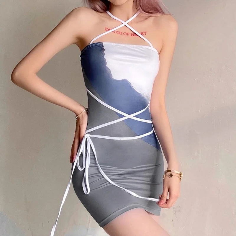 

Fashion Tie Dye Slim Slim High Waist Spaghetti Strap Dress Cross Bandage Halterneck Bag Mini Vestidos Women's Party Club Costume