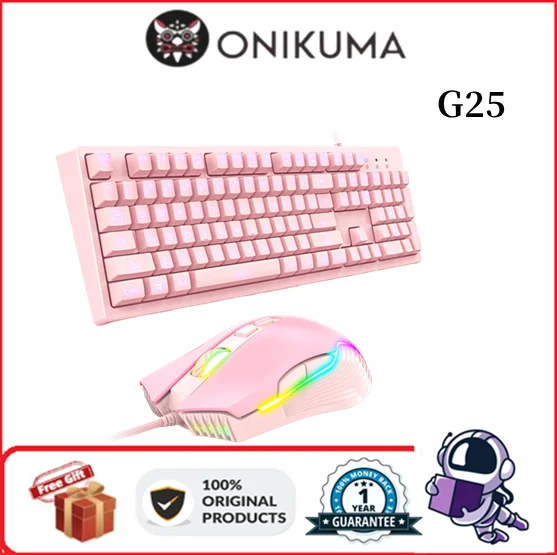 

ONIKUMA G25 Gaming Keyboard Mouse Set Wired Pink CW905 6400 DPI Mice K9 Cute Cat Ear Headset for PC Laptop