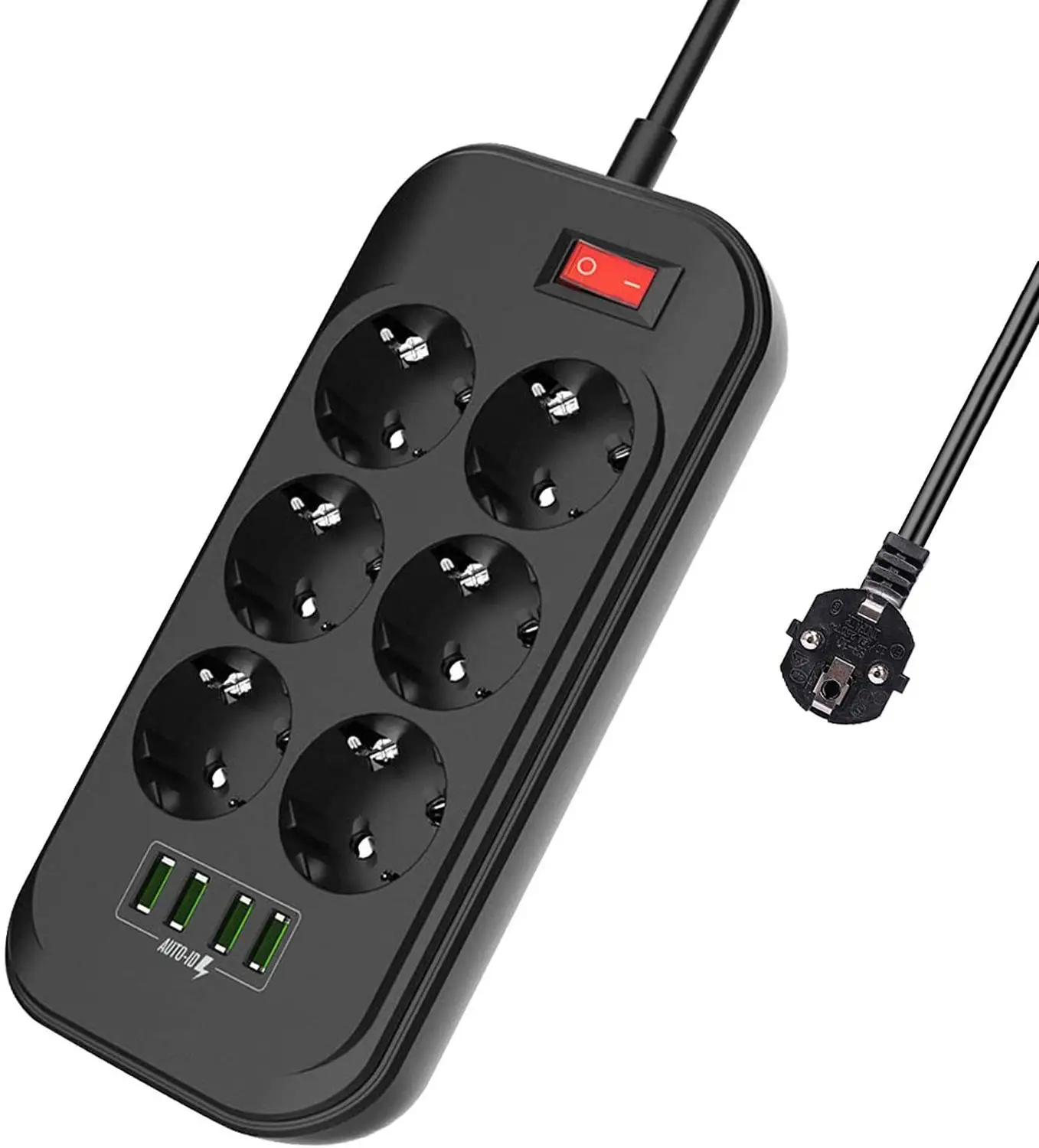 

New Power Strip EU 6 Outlets 4 USB Charging Ports 2500W Power Strip Flat Plug 2M Extension Cord for Home Office Computer Ipad TV