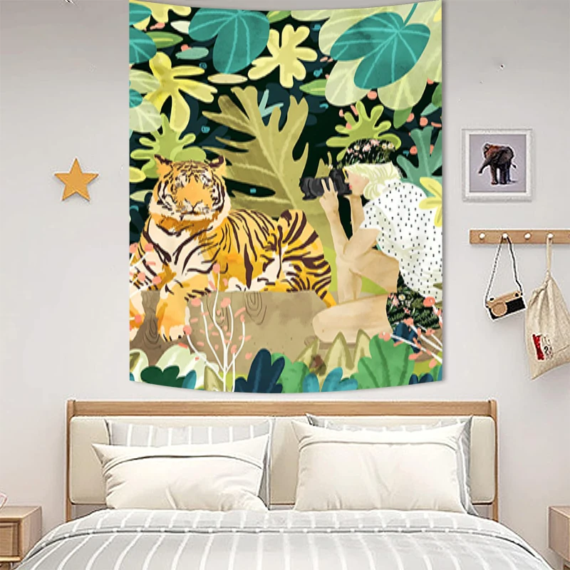 

Tapestry Wall Hanging Tiger and Girl Aesthetic Room Decoration Tapries Tapestries Decor Decors Home Bedroom Fabric the Large Art