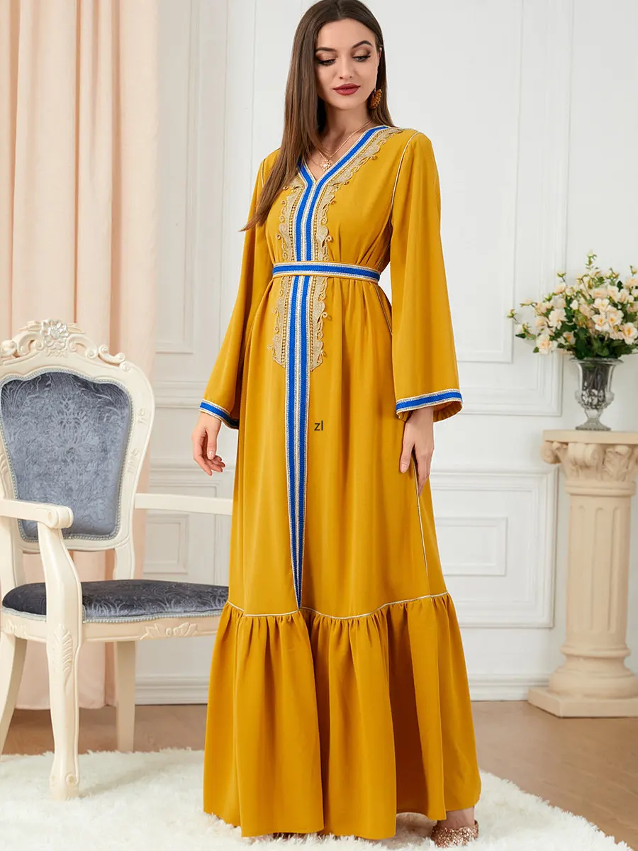 Modest Abaya Muslim Long Dress Women Long Sleeve Pleated Patchwork Hem Kaftan Party Dresses Dubai Turkish Abayas