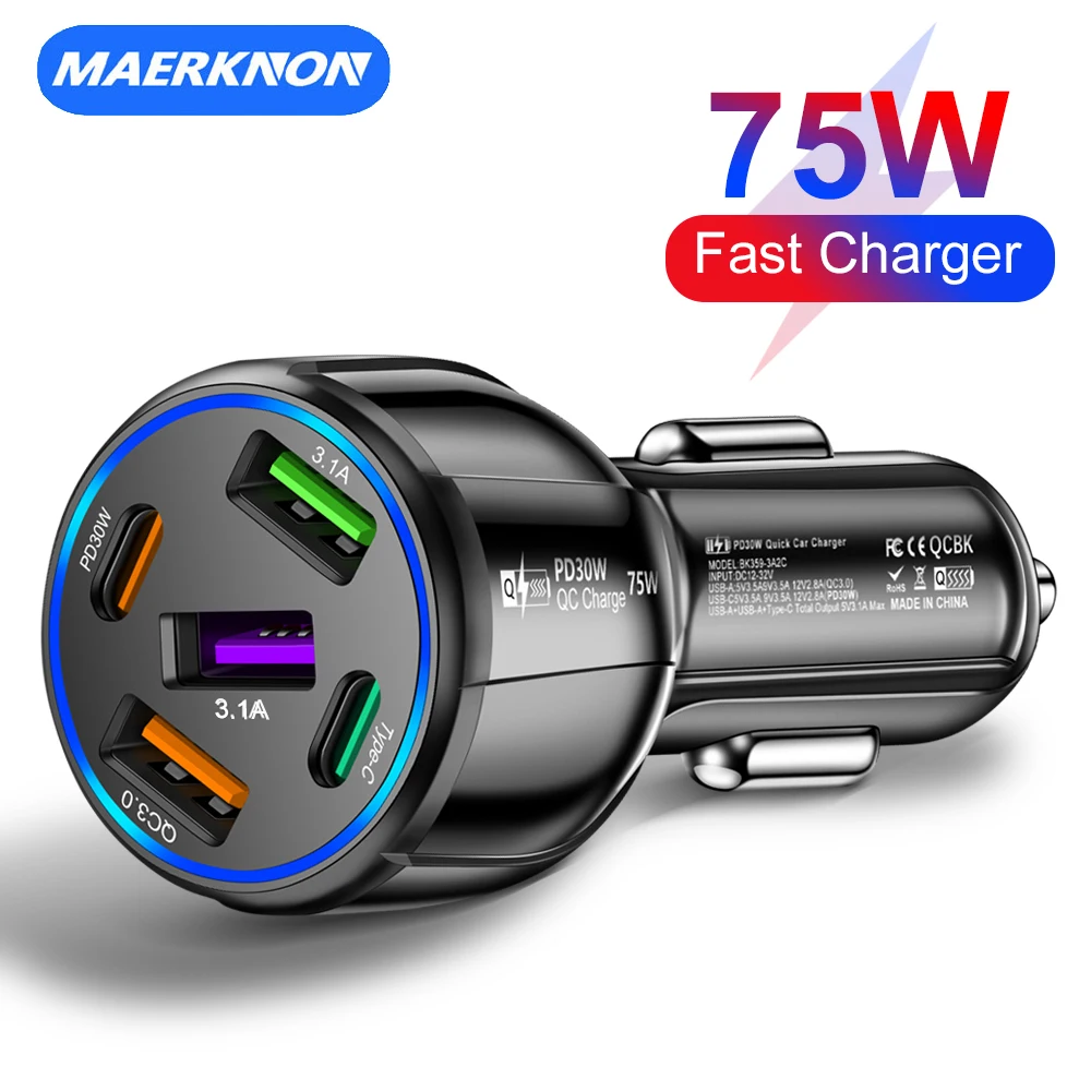 

75W Car Charger 5 Ports Fast Charging QC 3.0 USB Charger Type C Phone Charger For iphone Xiaomi Huawei Samsung Quick Charge 3.0