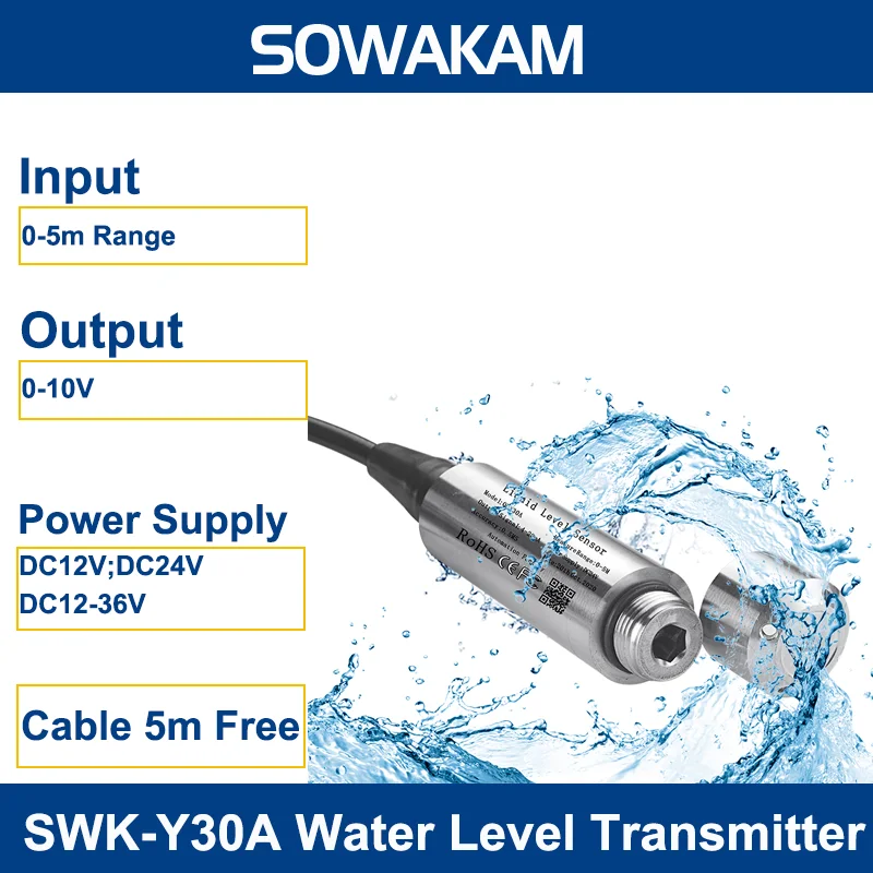 SWK-Y30A Liquid level sensor 0-5M Range 0-10V Output water level transmitter input type water level sensor 24VDC With 5m Cable
