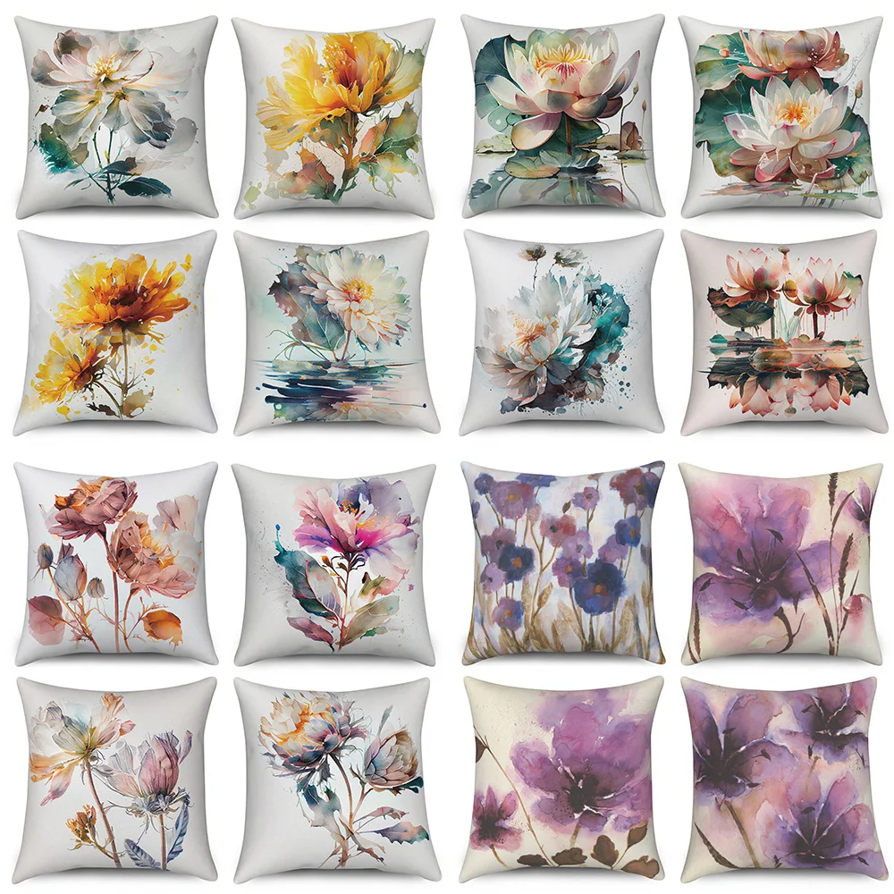 

Customizable Farmhouse Home Sofa Car Decor Throw Pillow Cover Watercolor Floral Cushion Cover Peony Lotus Printed Pillow Cover