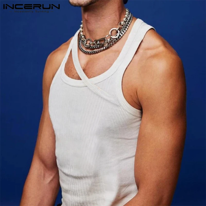 

Men Tank Tops Solid Color O-neck Sleeveless Breathable Skinny Belt Vests 2022 Streetwear Sexy Casual Men Clothing S-5XL INCERUN