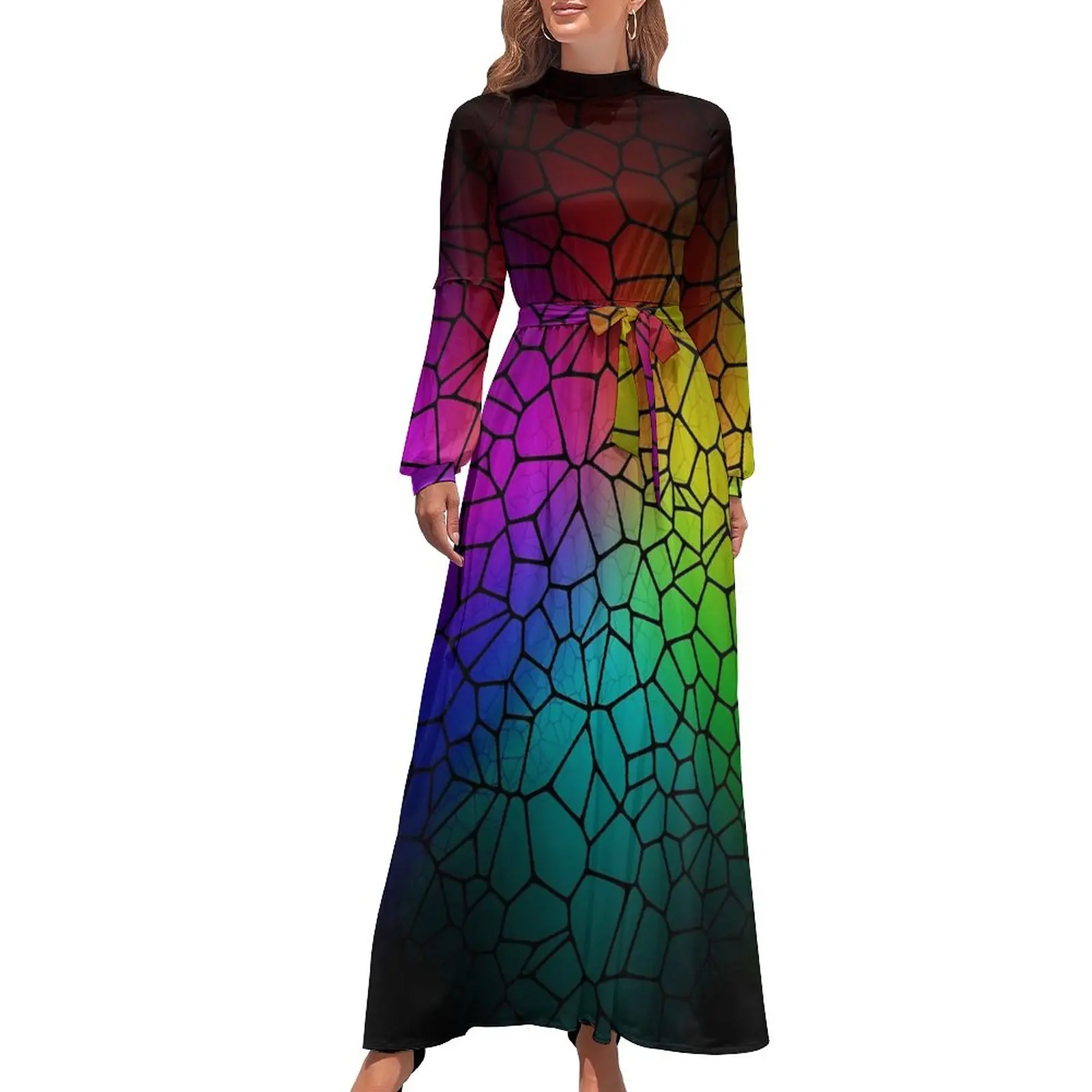 

Shallow Water Dress Long Sleeve Rainbow Glow Print Cute Maxi Dress High Waist Street Fashion Beach Long Dresses Gift Idea