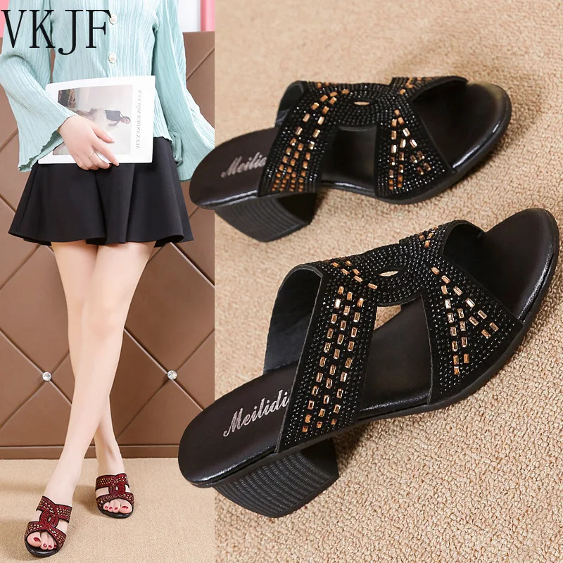 

Women's Open Toe Slippers Rhinestone Decor Solid Color All Match Summer Popular New Trendy Chic Comfy Thick High Heel Slippers