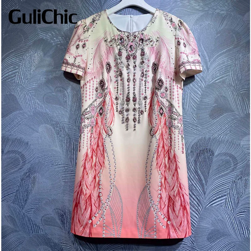 

4.25 GuliChic Fashion Design O-Neck Short Sleeve Crystal Pearls Beading Vintage Print Mini Dress Women