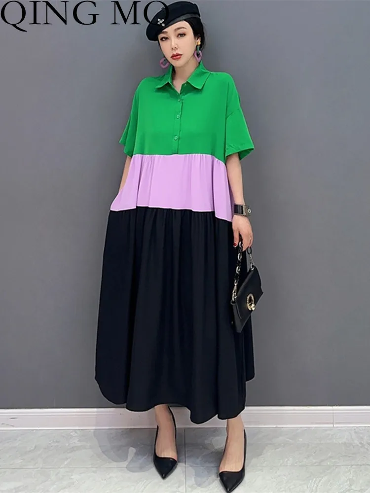 

QING MO 2023 Summer New Korean Fashion Color-blocking POLO Collar Shirt Dress Casual Women Half Sleeve Dress ZXF1840
