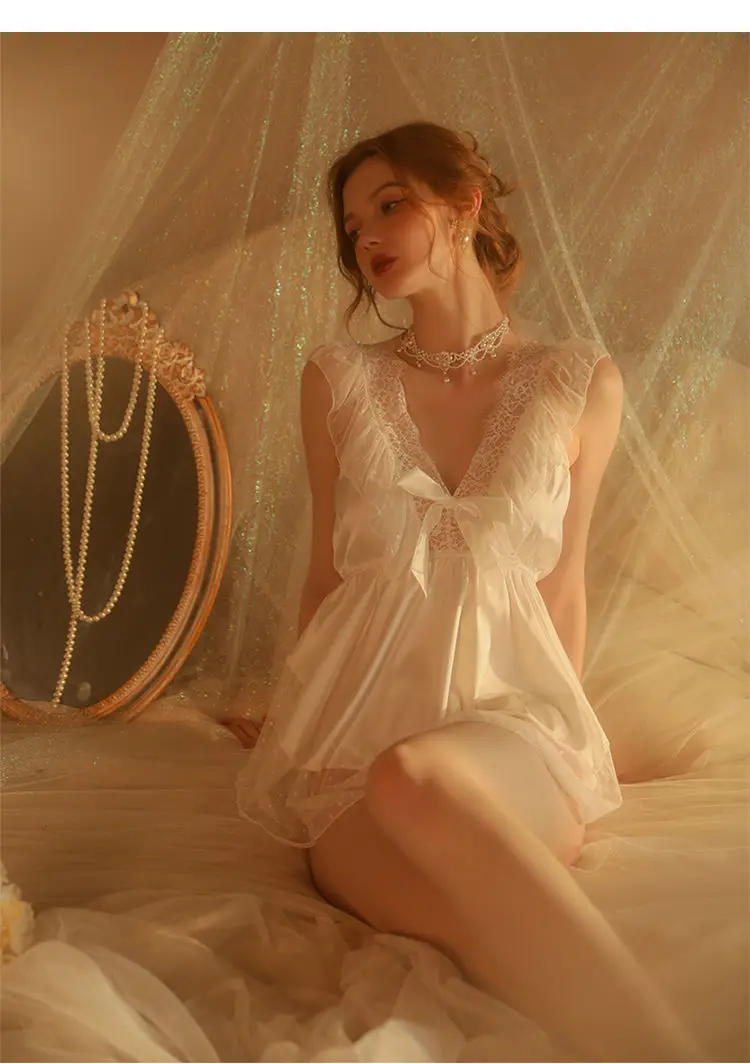 New night clothes perspective lace ice silk nightdress short skirt deep V temptation sexy pajamas suit