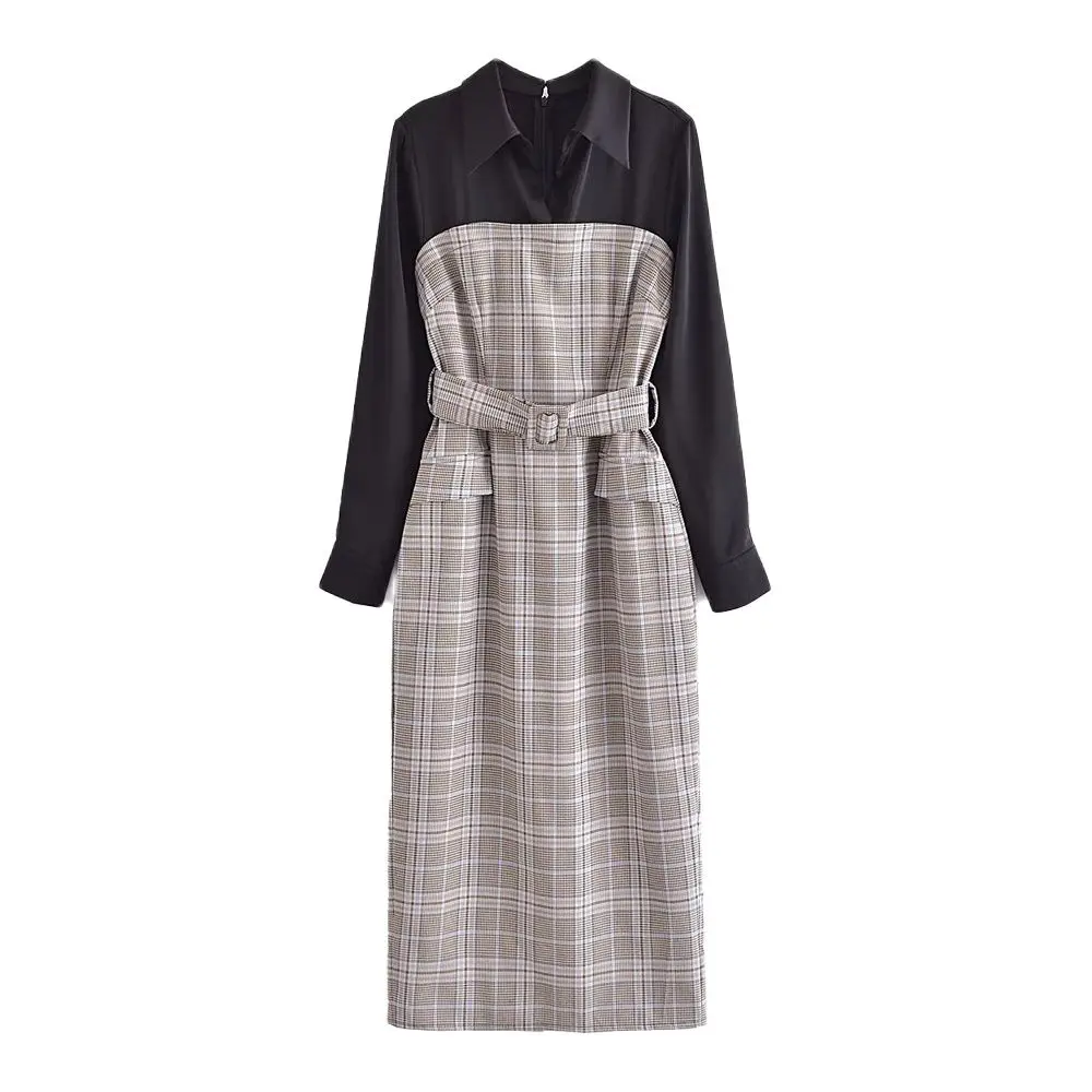 

WOMEN TRAF New 2022 Winter Patchwork Plaid Dress Fashion With Belt Temperament Long Sleeve Female Chic Dress Mujer 9878187