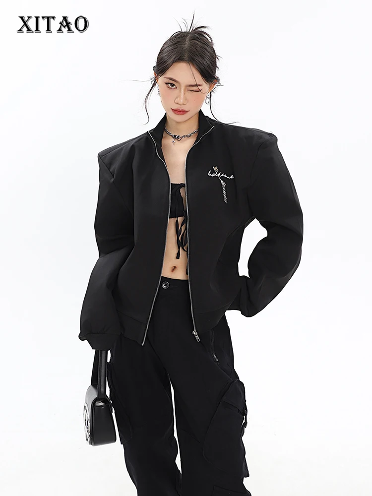 

XITAO Fashion Casual Jacket Simplicity Chain Embroidery Splicing Decorate Stand Collar Top Autumn All-match New Women WLD8641