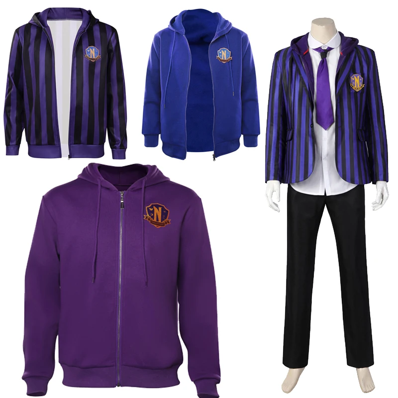 

Men Xavier Thorpe Cosplay Costume Hoodie TV Wednesday Cos Addams Purple Blue Top Coat Outfits Halloween Carnival Suit For Adult