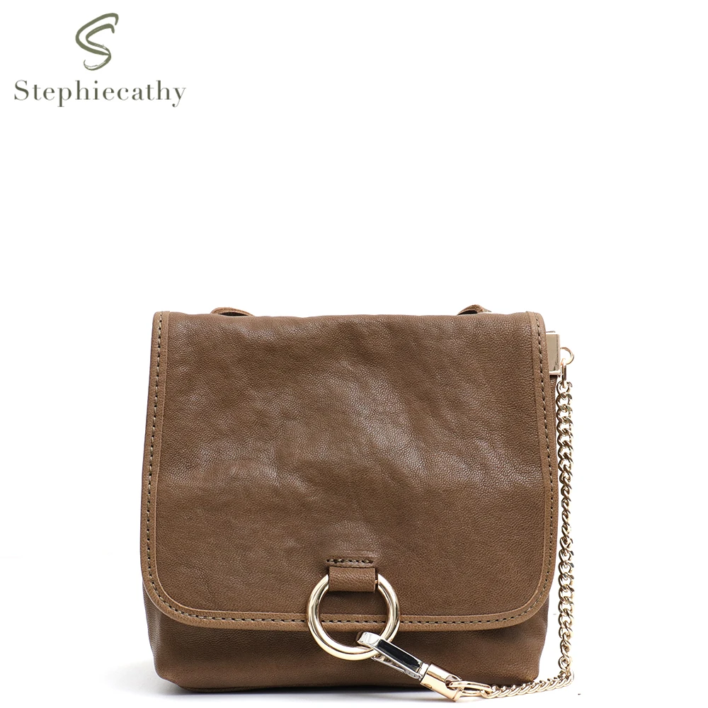 

SC Quality Italian Leather Flap Messenger Bags Women Luxury Chain Metal Ring Decorate Casual Retro Shoulder Sling Handbag Purse