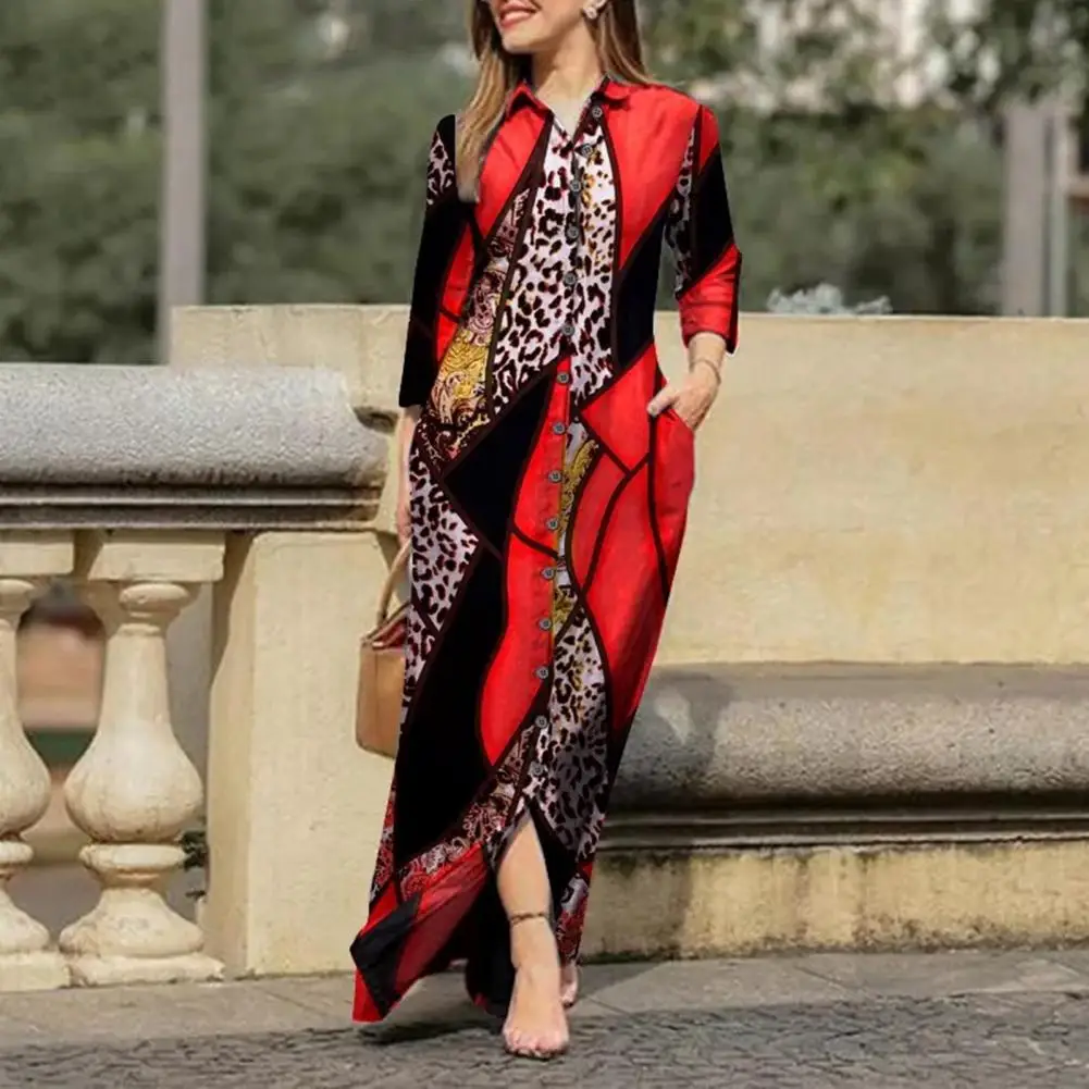 

Simple Maxi Dress Leopard Geometric Patchwork Print Maxi Dress for Women Spring Autumn Lapel Long Sleeve Shirt Dress with Single