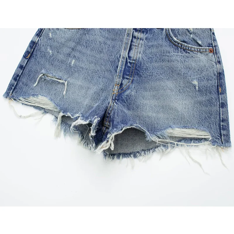 TRAF 2023 Denim Shorts Women High Waist Bermuda Shorts Woman Blue Ripped Jean Shorts for Women Streetwear Patchwork Short Pants