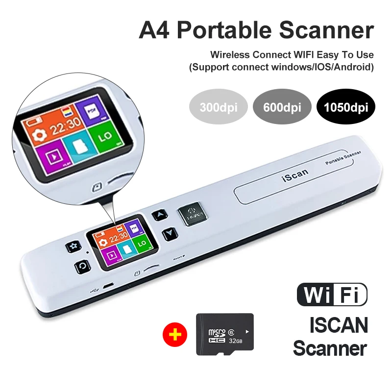 

A4 Mini Iscan Portable Document & Images Photo Scanner WiFi 1050 DPI JPG/PDF Handheld High Speed Scanner For School Business Use