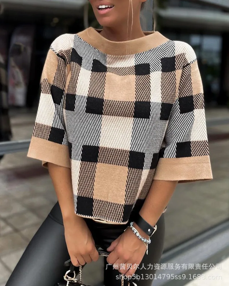 

Plaid Print O Neck Knit Top Women Spring Autumn Sweater Knitwear Knitted Pullover Tops Half Sleeve Casual Fashion