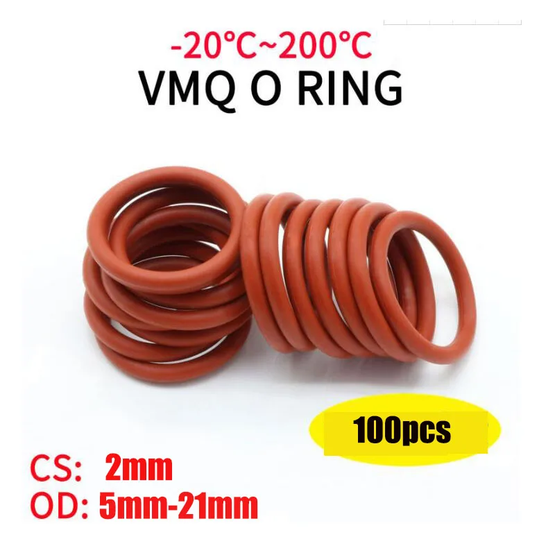 

100Pcs Red Silicone Ring Gasket CS 2mm OD 5 mm~21mm Silicon O Ring Gasket Food Grade Rubber O-ring VMQ Assortment Hvac Tools