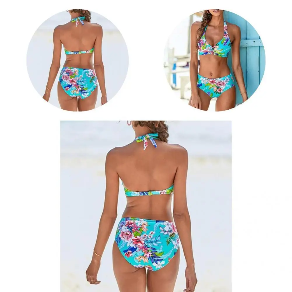 

Charming Summer Swimsuit Neck Tie-up Breathable Beach Bikini Set Halter Floral Print Beach Swimsuit
