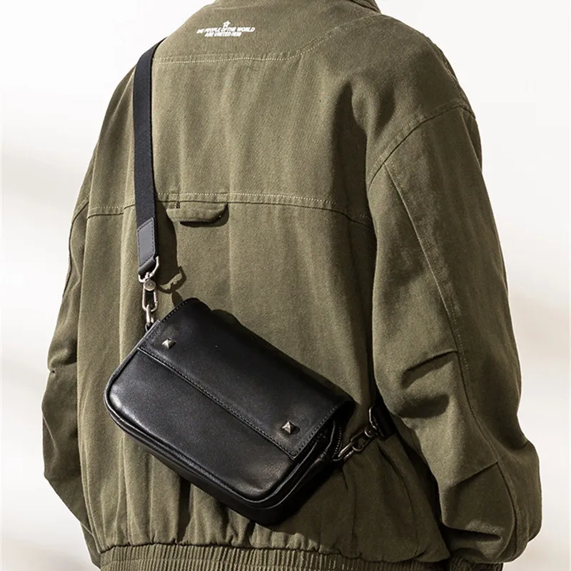 Casual luxury genuine leather men's black shoulder bag handmade designer outdoor high quality real cowhide crossbody bags Youth