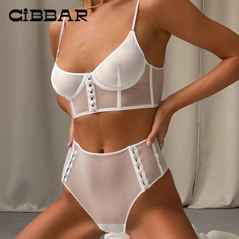 

CIBBAR Sexy Mesh Bra Sets Beachwear Solid White Wire Free Brassieres+See Through Underpants Swimsuits Vacation Skinny Underwear