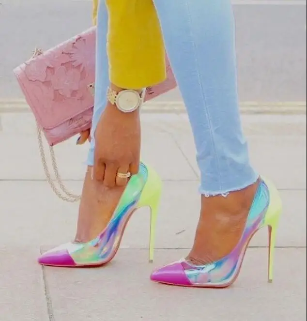 

Sexy Iridescent PVC Women Pumps Pointed Toe Patent Leather Stiletto Heels Patchwork Wedding Shoes Bride Neon Yellow Heels Pumps