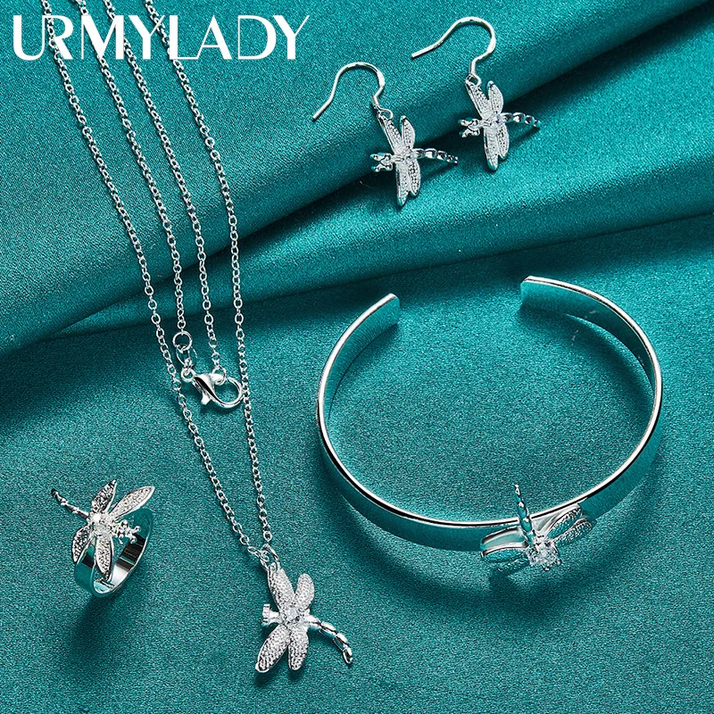 

URMYLADY 925 Sterling Silver Dragonfly Bangles Necklace Ring Earrings Bracelet Jewelry Set For Women Wedding Party Fashion Charm
