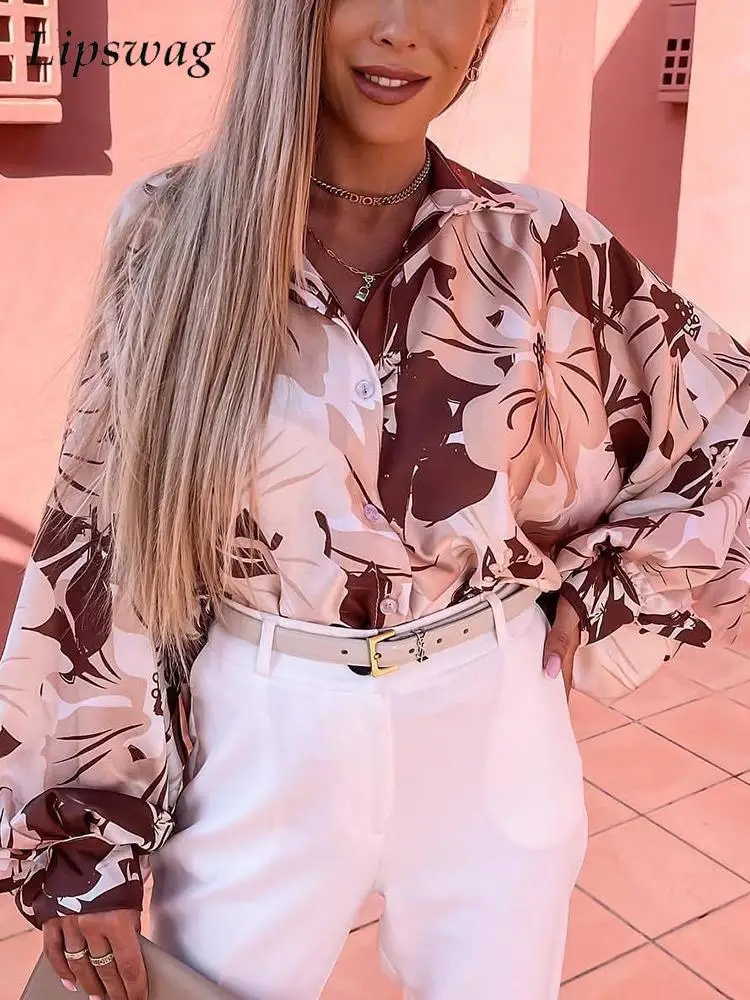 

2022 New Spring V-neck Casual Blouses Fashion Womens Long Sleeved Floral Printed T-Shirts Ladies Loose Shirts Button Down Tops