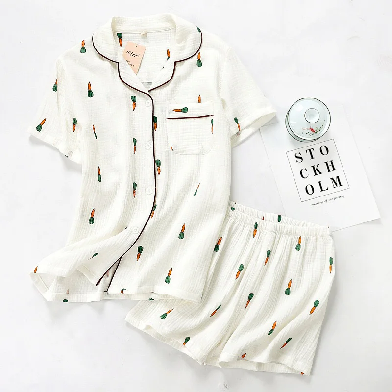 2023 women pajamas suits summer comfortable cotton gauze lapel suit Ms. Thin loose cartoon printing household to take