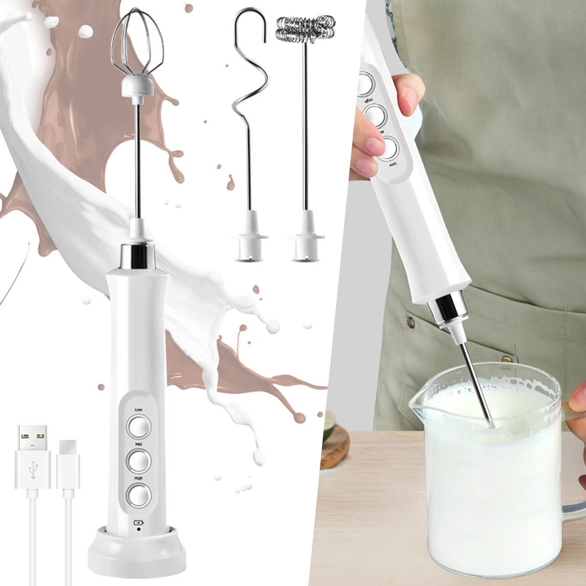 

NewElectric вспениватель молока, электрический ручной взбиватель для яиц с 3 головками, 3 скорости, USB Перезаряжаемый, мини-ручной блендер, высокая...