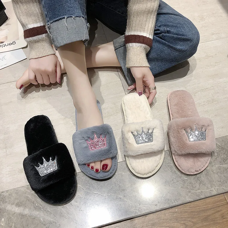 

2022 Winter Women Home Slippers With Faux Fur Fashion Warm Shoes Woman Slip On Flats Female Slides Sequin Crow Black Pink