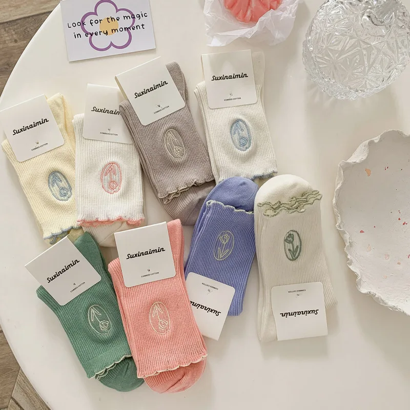 Korea Fashion floral ruffled soft cotton female socks top quality spring and summer cute sweet princess girls comfortable socks