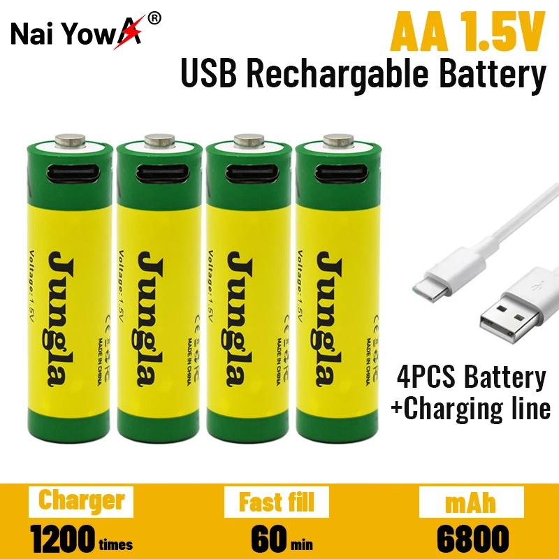 

Fast Charging 1.5V AA Lithium Ion Battery with 6800mah Capacity and USB Rechargeable Lithium USB Battery for Toy Keyboard