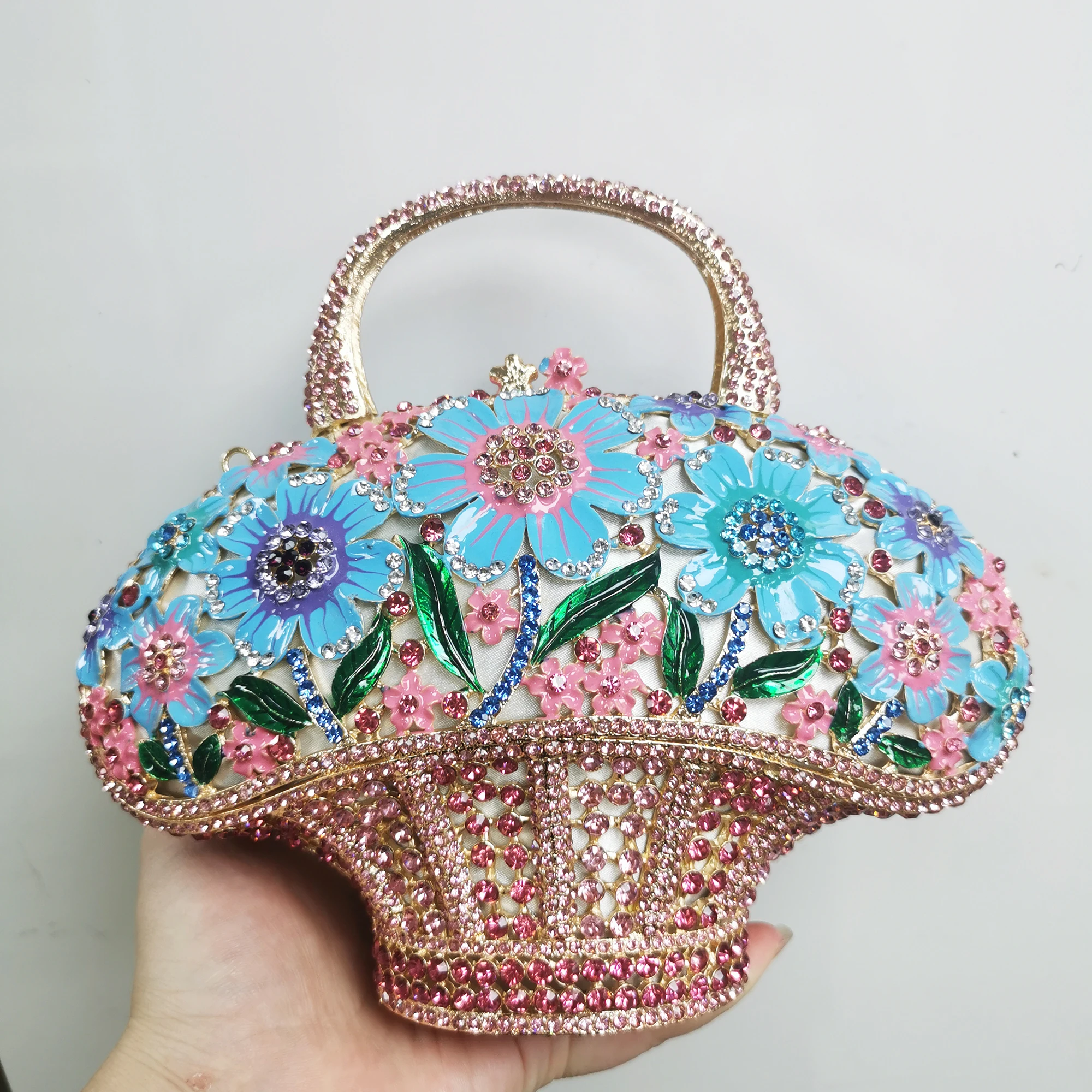 

Woman Blue Pink White Flower Basket Dinner Purse Birthday Party Floral Diamond Evening Bag Wedding Bridal Gala Crystal Handbag