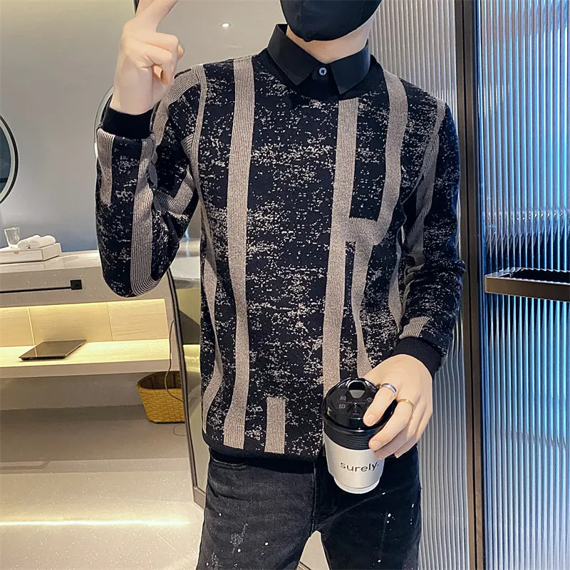 Autumn  and  Winte R New  Section Trend Fashion Handsome Social Guy False Two Sweaters Business Casual Versatile Knit Bottom Top