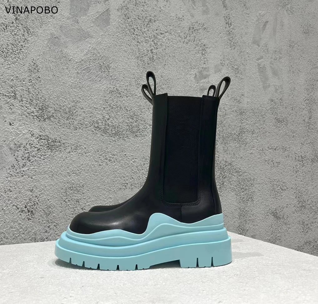 

High Quality flat Ankle Boots Platform Women Genuine Leather Chelsea Boots 2022 Round Toe Elastic Band Thick Sole Ladies Shoes