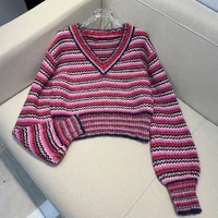 pink striped v neck sweater womens autumn and winter pullovers 2022 new high quality fashion knitted sweaters girls knit tops