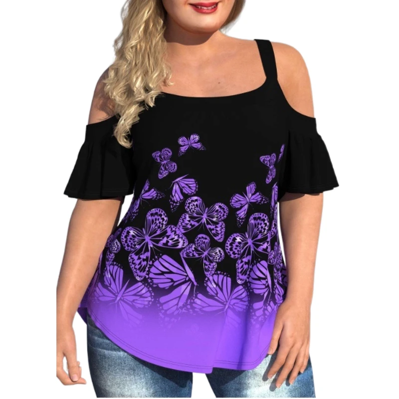 2022 Fashion Plus Size 4Xl Cold Shoulder Tunic Women Summer Ruffles Sleeve 3D Print Strap Ladies Tops Plus Size Women Clothing