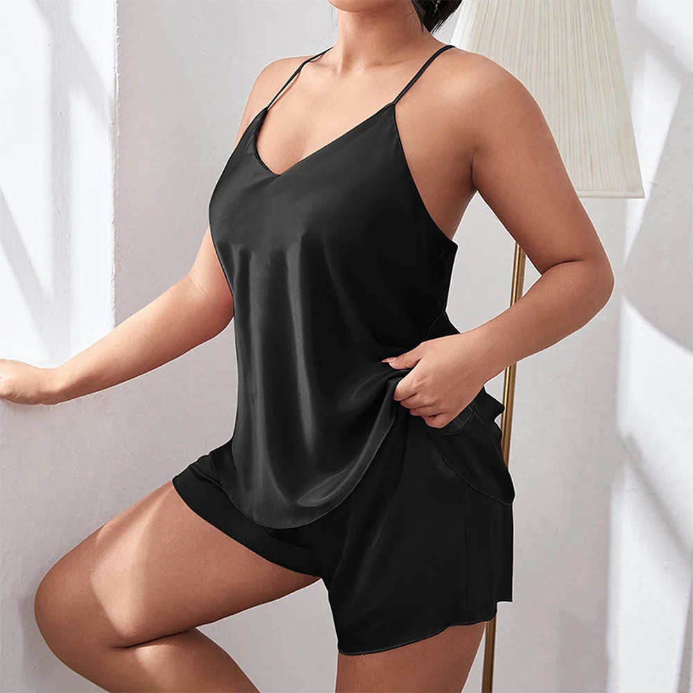 Fat Plus Size Open Back Suspended Pajamas Women's Fashion Sexy Sleepwear Two Piece Set Loose and Comfortable Ice Silk Home Set