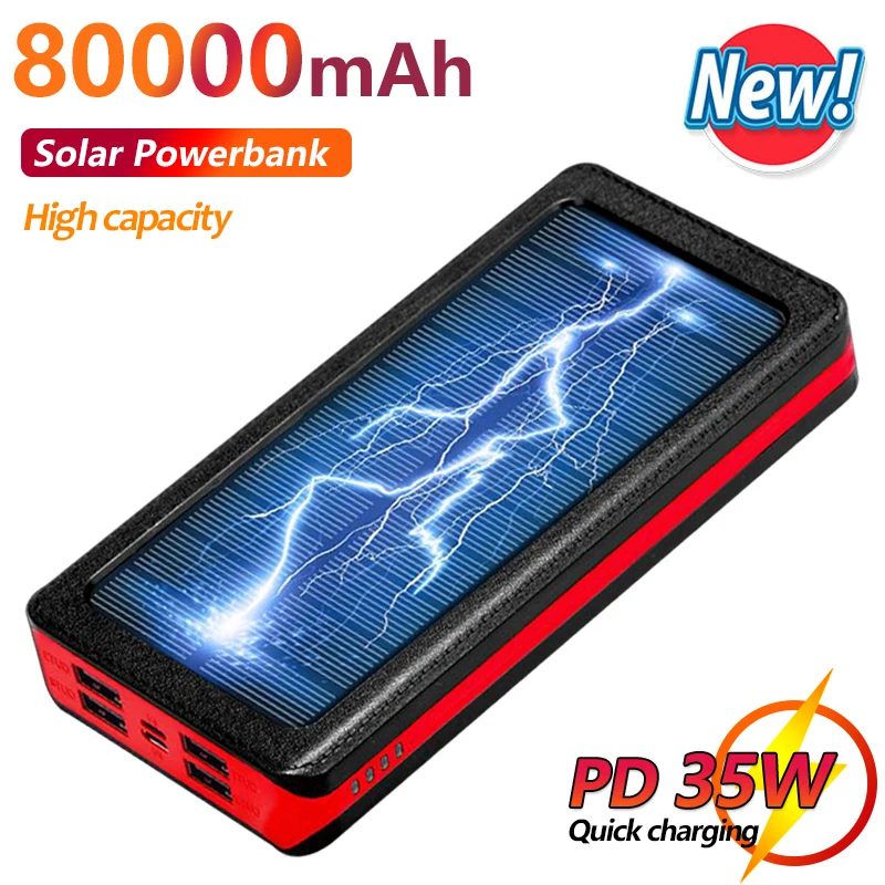 

80000mAh Portable Solar Powerbank Phone Fast Charger with LED Light 4 USB Ports External Battery for Xiaomi Iphone Samsung