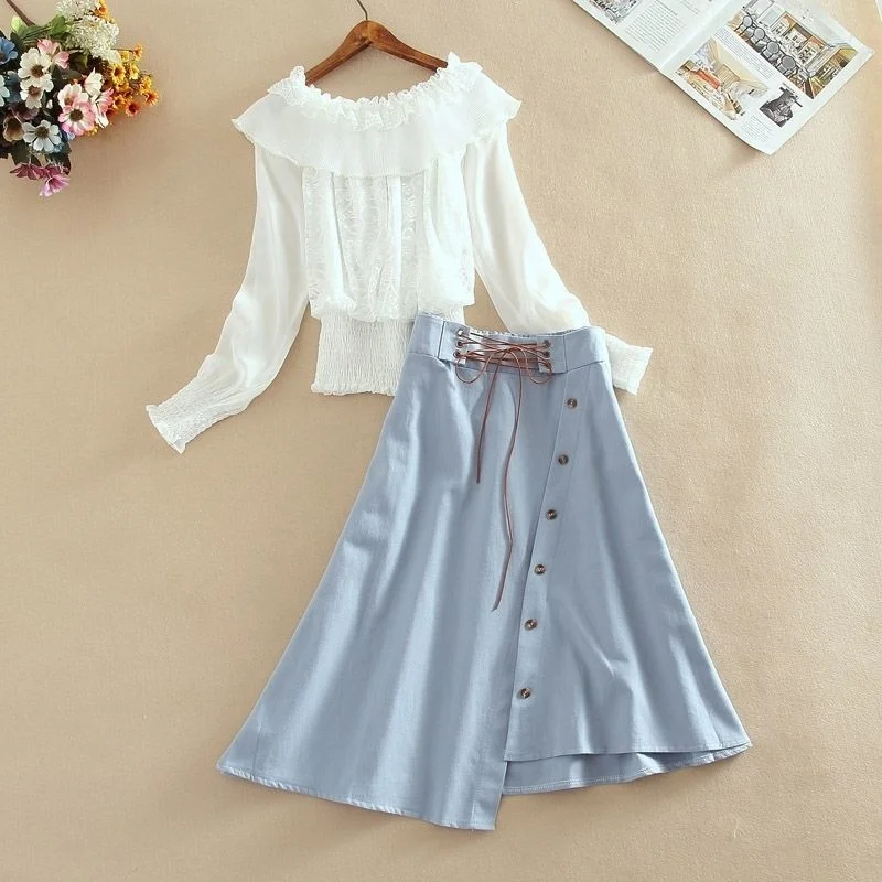 

Women Korean Summer Two Piece Set Slash Neck Ruffles Patchwork Long Sleeve Chiffon Blouse And Irregular Bandage Skirt Sets 2022