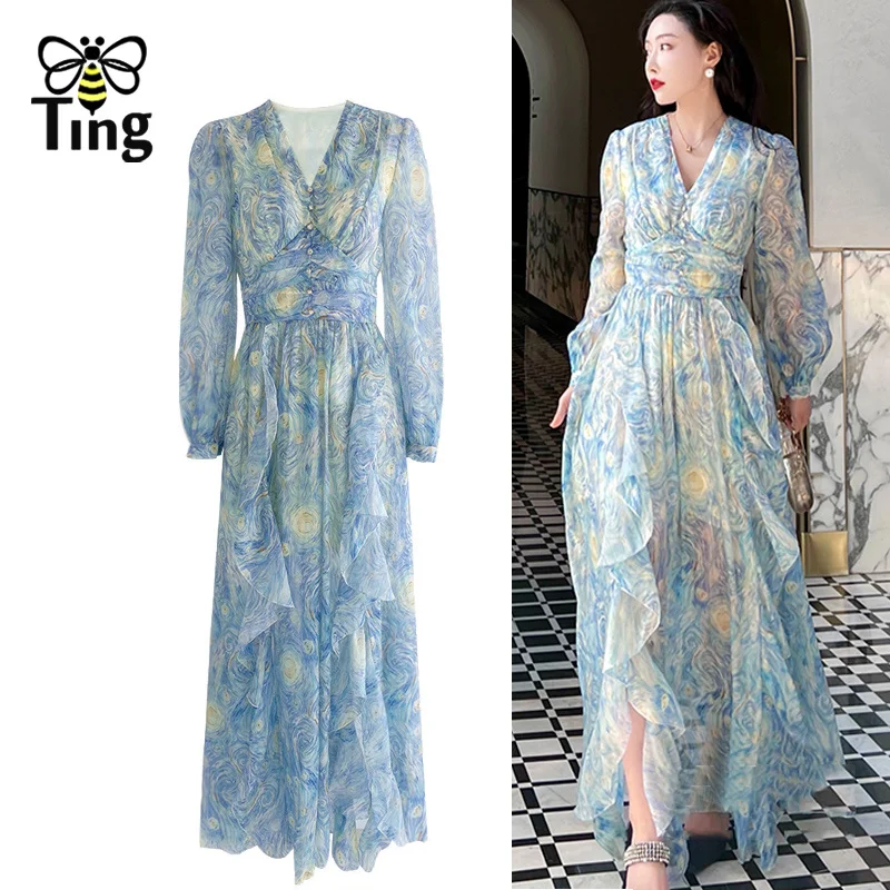 

Tingfly Luxury Button Decor Artistic Van Gogh Starry Painting Print Flowy Long Party Dinner Dresses Women Ruffles Vintage Robes